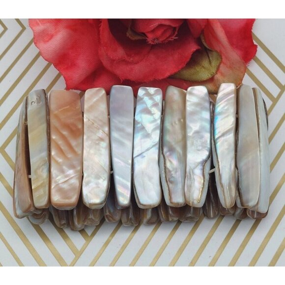 Bohemian White & Brown Neutral Abalone Shell Wide Stretch Bracelet Beach Nature - Picture 3 of 7